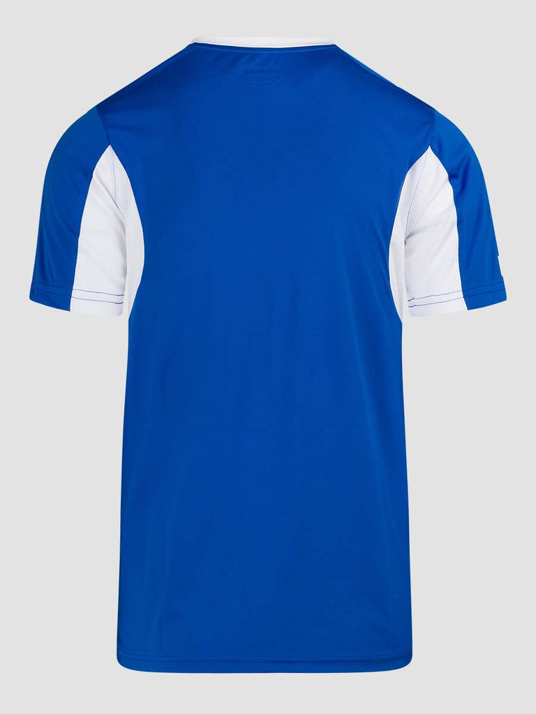 Royal Blue Men's Crew Neckline Football Training Jersey Top with white Meyba pattern across shoulders - back angle