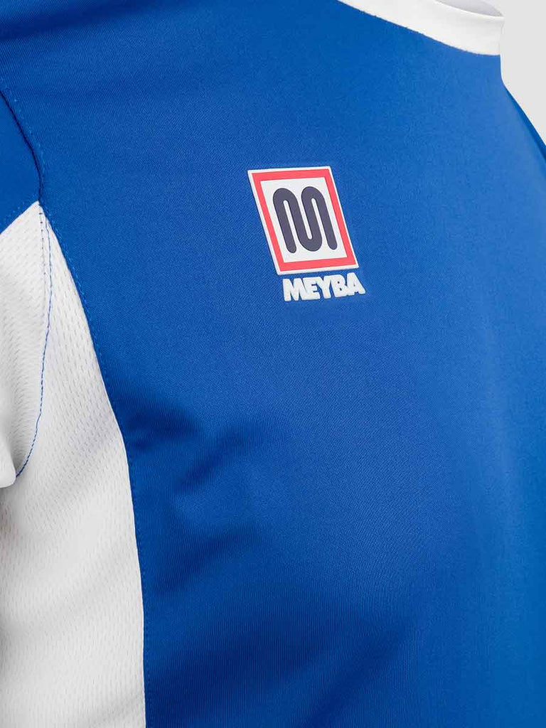 Royal Blue Men's Crew Neckline Football Training Jersey Top with white Meyba pattern across shoulders - close up angle