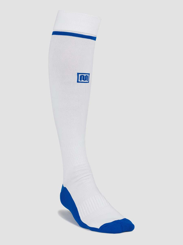 Meyba Men's White & Royal Blue Players Football Socks - front angle