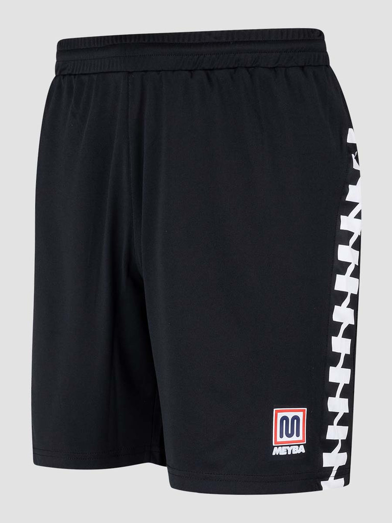 Black Men's Football Training Shorts with white pattern down leg - side angle