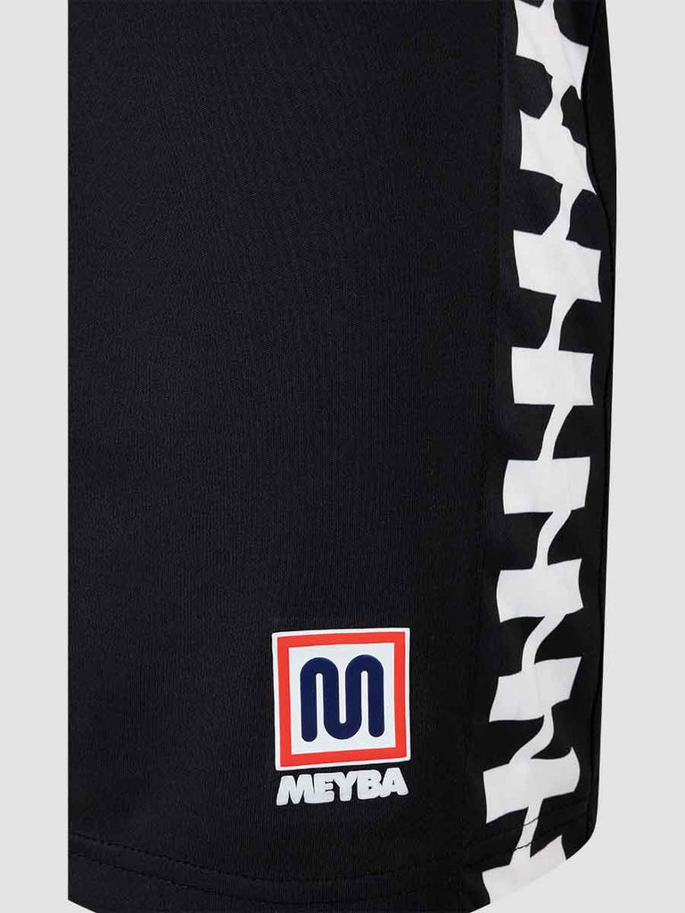 Black Men's Football Training Shorts with white pattern down leg - close up angle