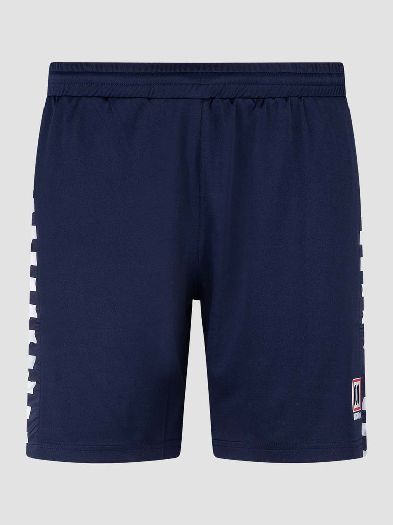 Navy Men's Football Training Shorts with white pattern down leg - front angle