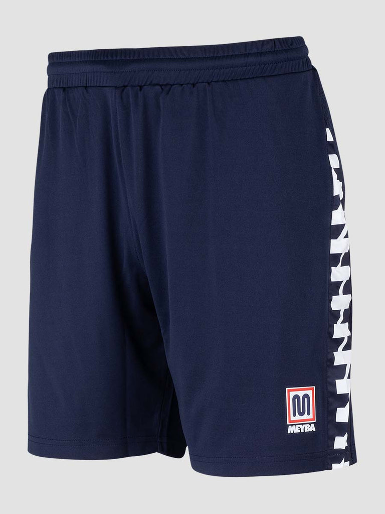 Navy Men's Football Training Shorts with white pattern down leg - side angle
