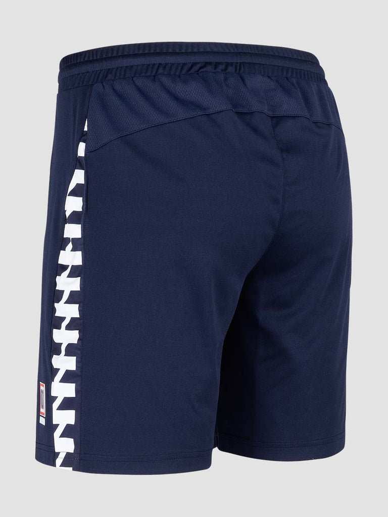 Navy Men's Football Training Shorts with white pattern down leg - back angle