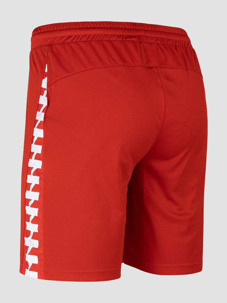 Red Men's Football Training Shorts with white pattern down leg - back angle