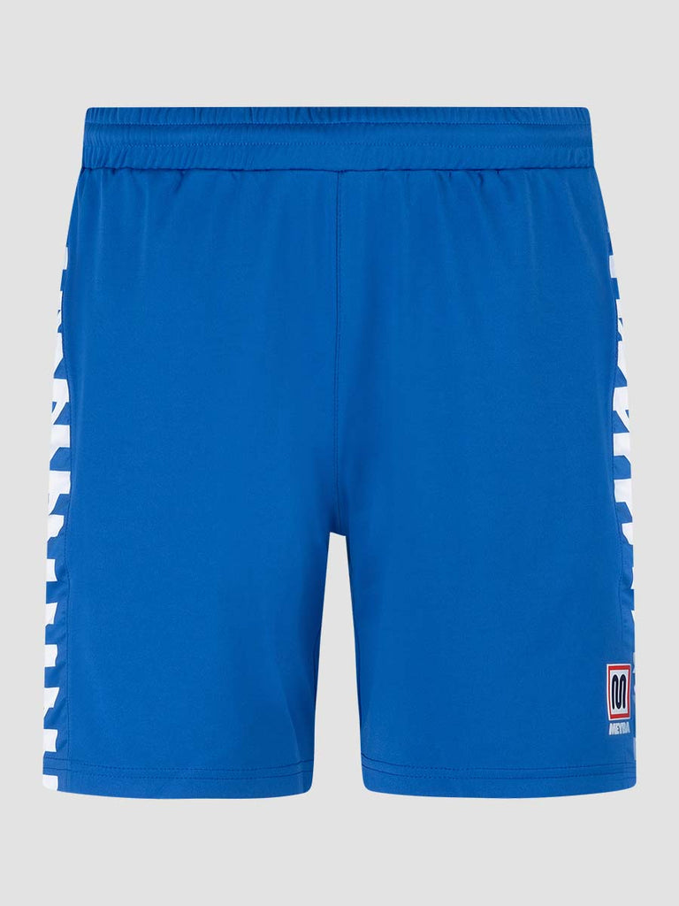 Blue Men's Football Training Shorts with white pattern down leg - front angle