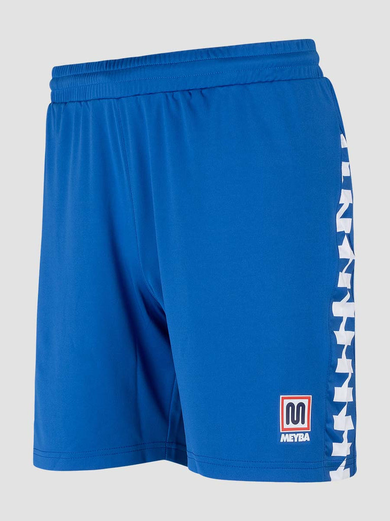 Blue Men's Football Training Shorts with white pattern down leg - side angle