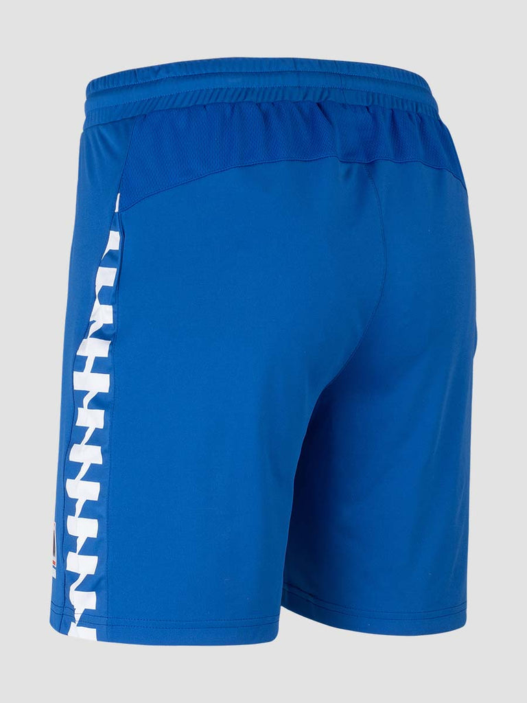 Royal Blue Men's Football Training Shorts with white pattern down leg - back angle