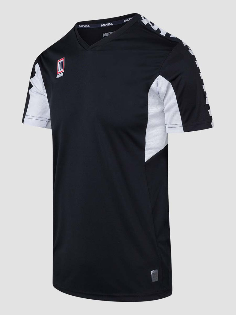 Black Men's Football Training Jersey Shirt with white Meyba pattern across shoulders - side angle