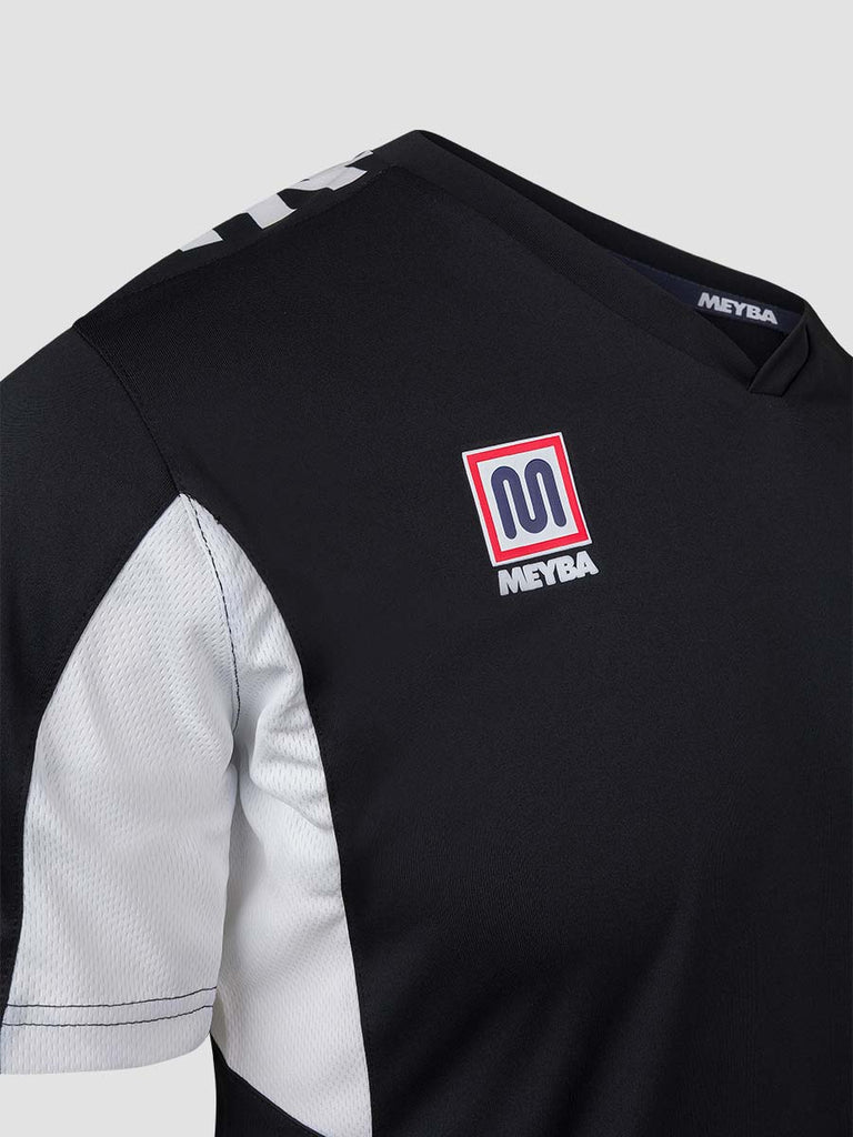 Black Men's Football Training Jersey Shirt with white Meyba pattern across shoulders - close up angle