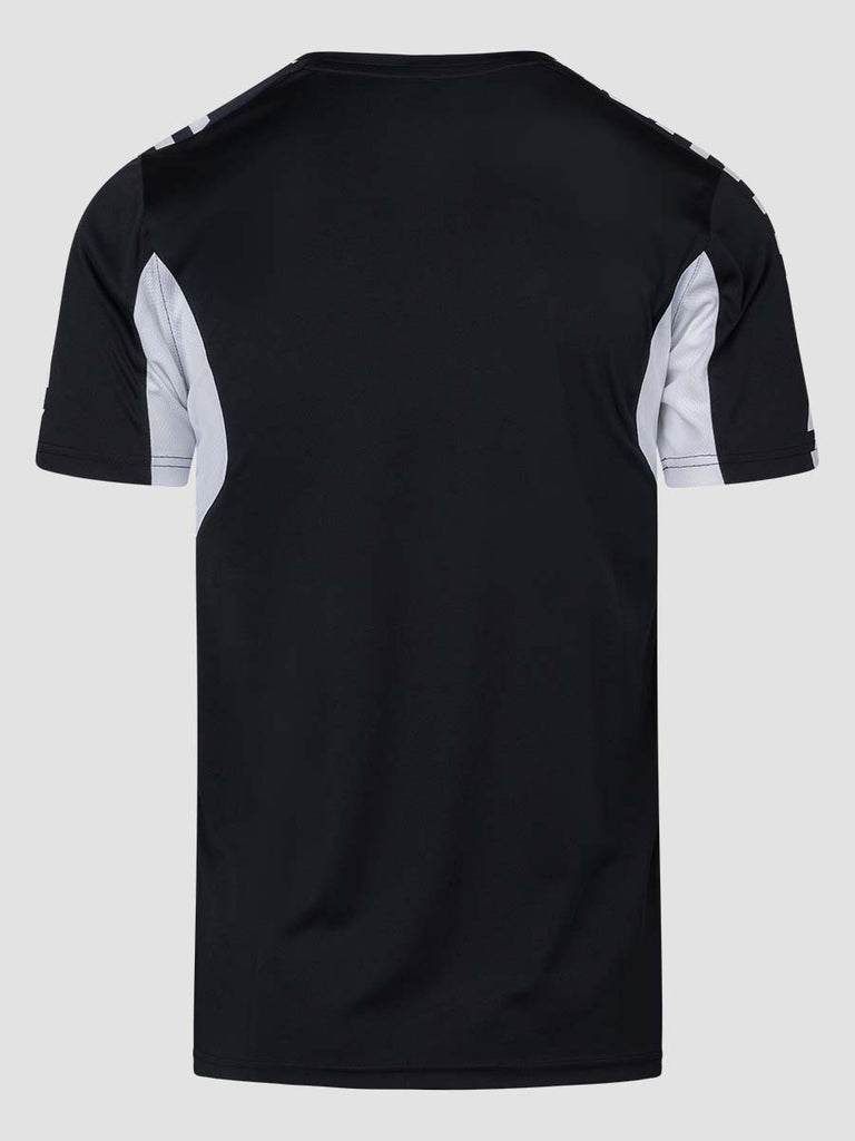 Black Men's Football Training Jersey Shirt with white Meyba pattern across shoulders - back angle