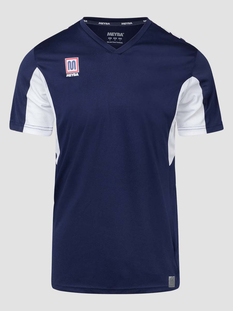 Navy Blue Men's Football Training Jersey Shirt with white Meyba pattern across shoulders - front angle