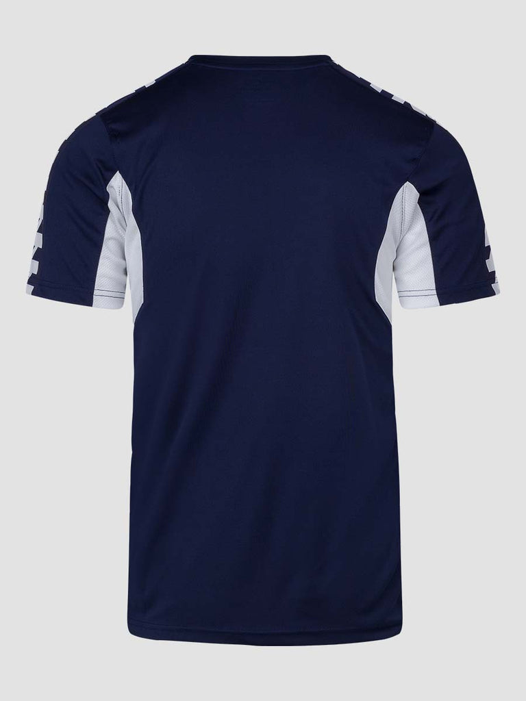 Navy Blue Men's Football Training Jersey Shirt with white Meyba pattern across shoulders - back angle