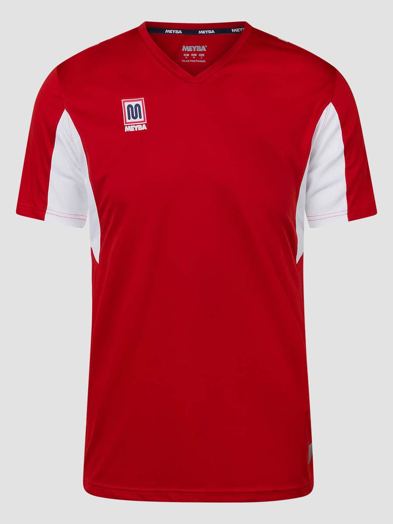 Red Men's Football Training Jersey Shirt with white Meyba pattern across shoulders - front angle