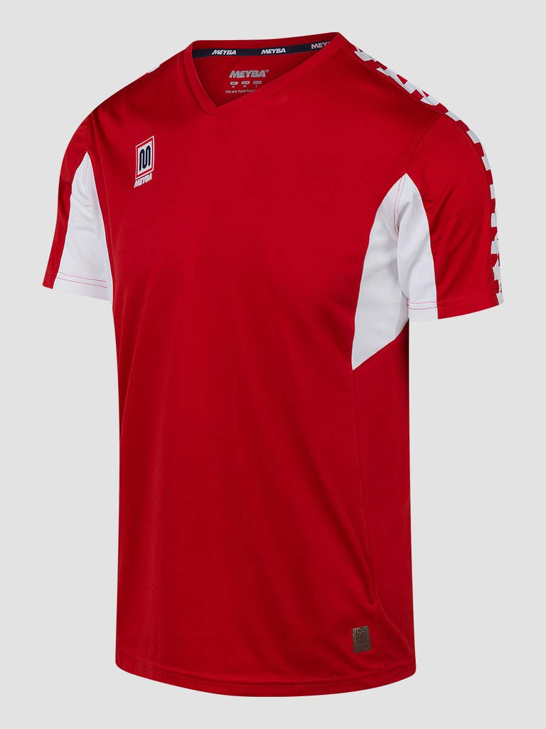 Red Men's Football Training Jersey Shirt with white Meyba pattern across shoulders - side angle