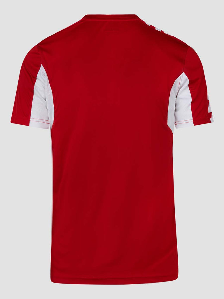 Red Men's Football Training Jersey Shirt with white Meyba pattern across shoulders - back angle