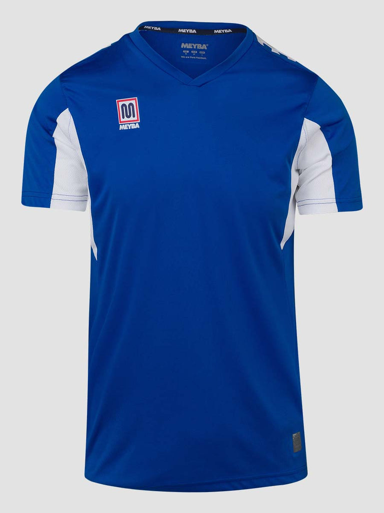 Royal Blue Men's Football Training Jersey Shirt with white Meyba pattern across shoulders - front angle