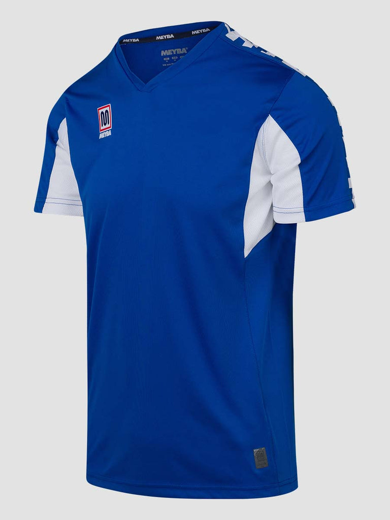 Royal Blue Men's Football Training Jersey Shirt with white Meyba pattern across shoulders - side angle