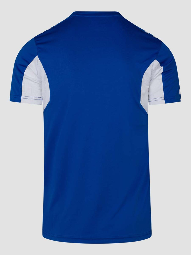 Royal Blue Men's Football Training Jersey Shirt with white Meyba pattern across shoulders - back angle