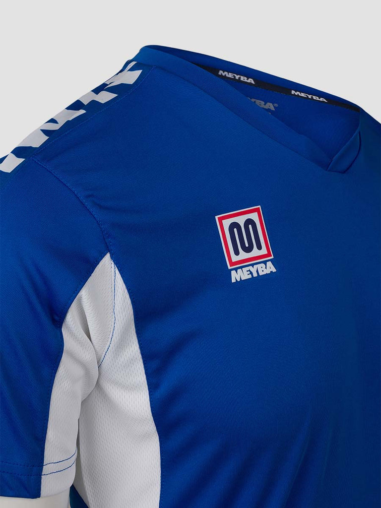 Royal Blue Men's Football Training Jersey Shirt with white Meyba pattern across shoulders - close up angle